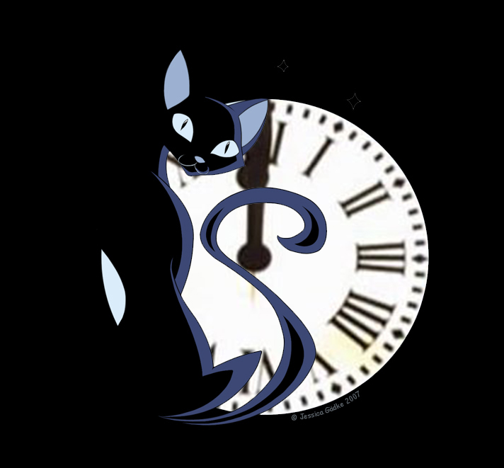 Antiguo logo de Cat, dibujo de un gato estilizado y una luna llena, con las agujas del reloj de la Puerta del Sol dentro de esa luna llena.